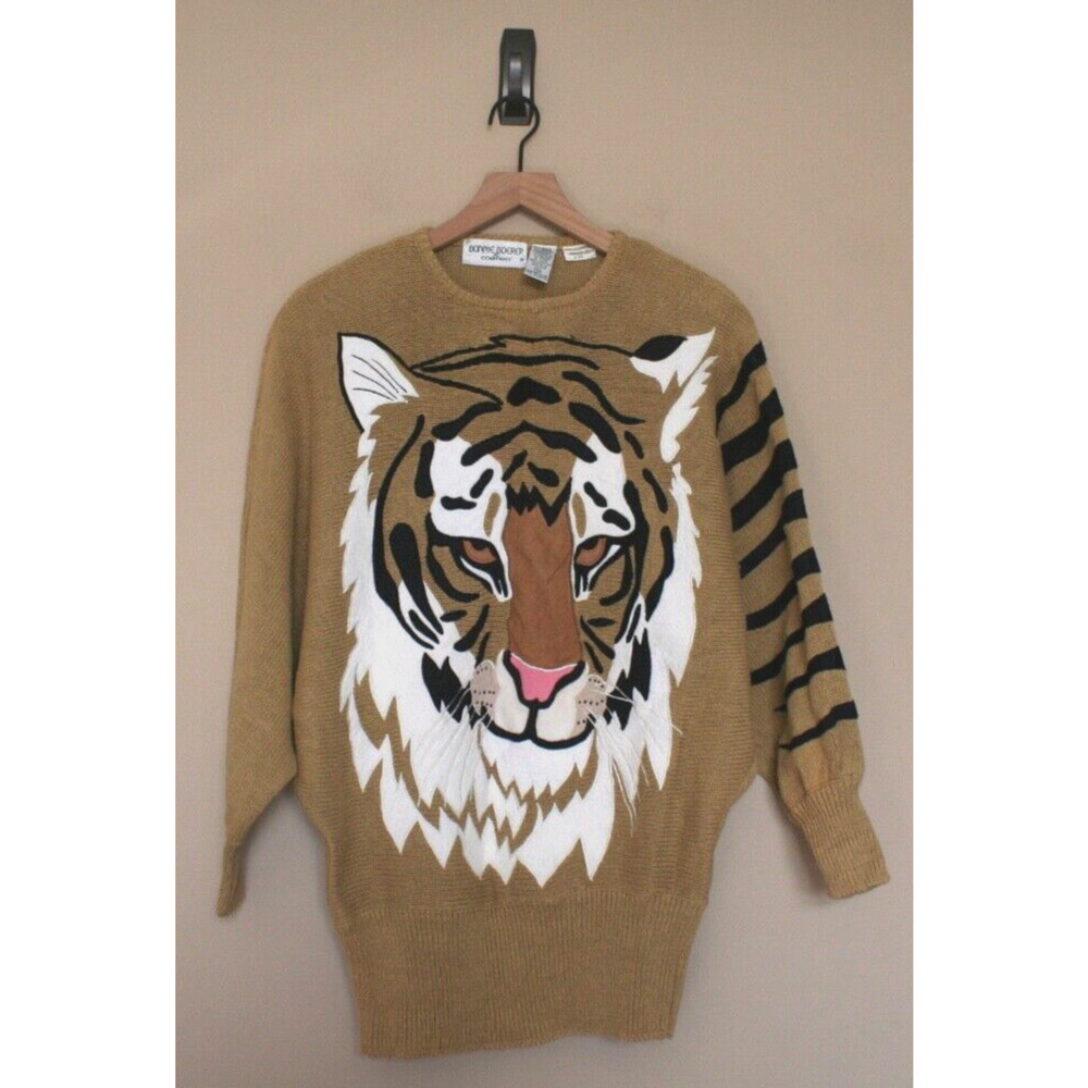 Vintage Bonnie Boerer Sweater Tan Tiger Applique Size Medium M 80s 90s Vtg